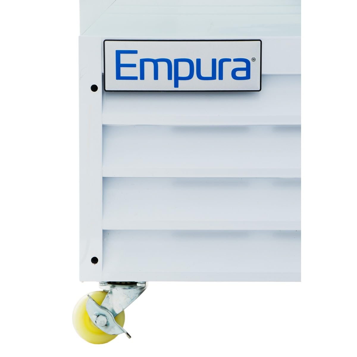 Close-up of the lower corner of a white foodservice refrigeration appliance with horizontal vent slats, a small yellow caster wheel, and a rectangular logo that reads Empura in blue letters on a white background.