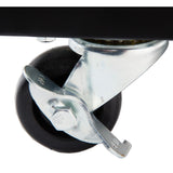 Close-up of a black caster wheel with a metal swivel bracket and brake lever attached, often found on Glass Door Coolers or Empura Refrigeration units. The shiny bracket is secured with a large bolt, and part of the black frame is visible at the top.