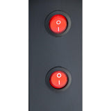 Close-up of two red circular rocker switches on a dark surface, often found on Empura Refrigeration units like a Glass Swing Door Refrigerated Merchandiser. Both switches, marked with “I” and “O,” are aligned vertically and appear to be in the “on” position.