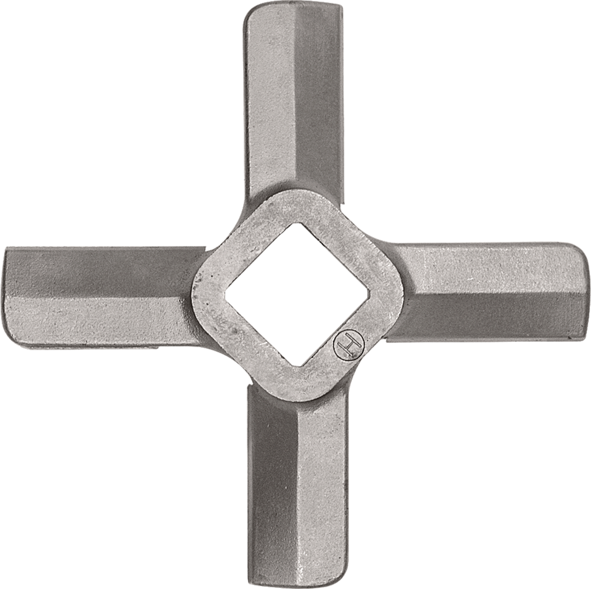 A metal Hobart Knife meat grinder blade with four flat, rectangular arms radiates from a central square hole. Made of steel with a slightly textured surface, each arm tapers gently toward the edge. The background is white.