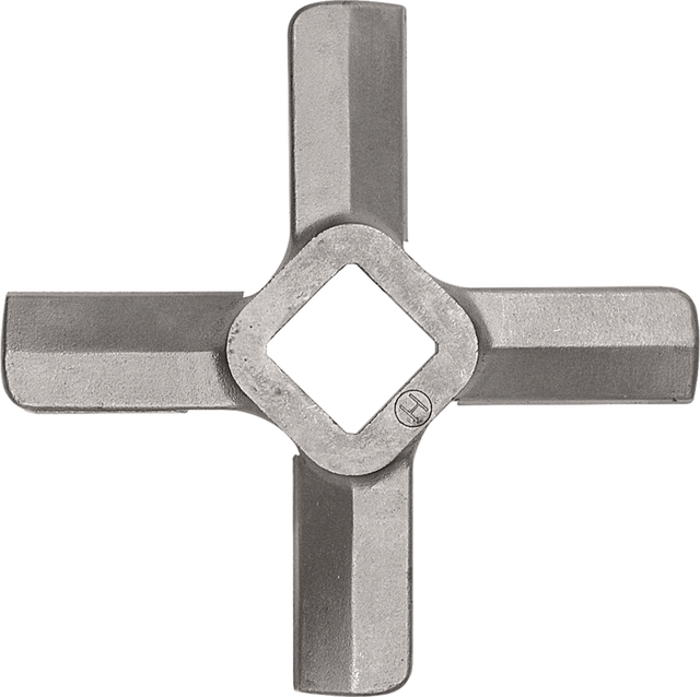 A metal Hobart Knife meat grinder blade with four flat, rectangular arms radiates from a central square hole. Made of steel with a slightly textured surface, each arm tapers gently toward the edge. The background is white.