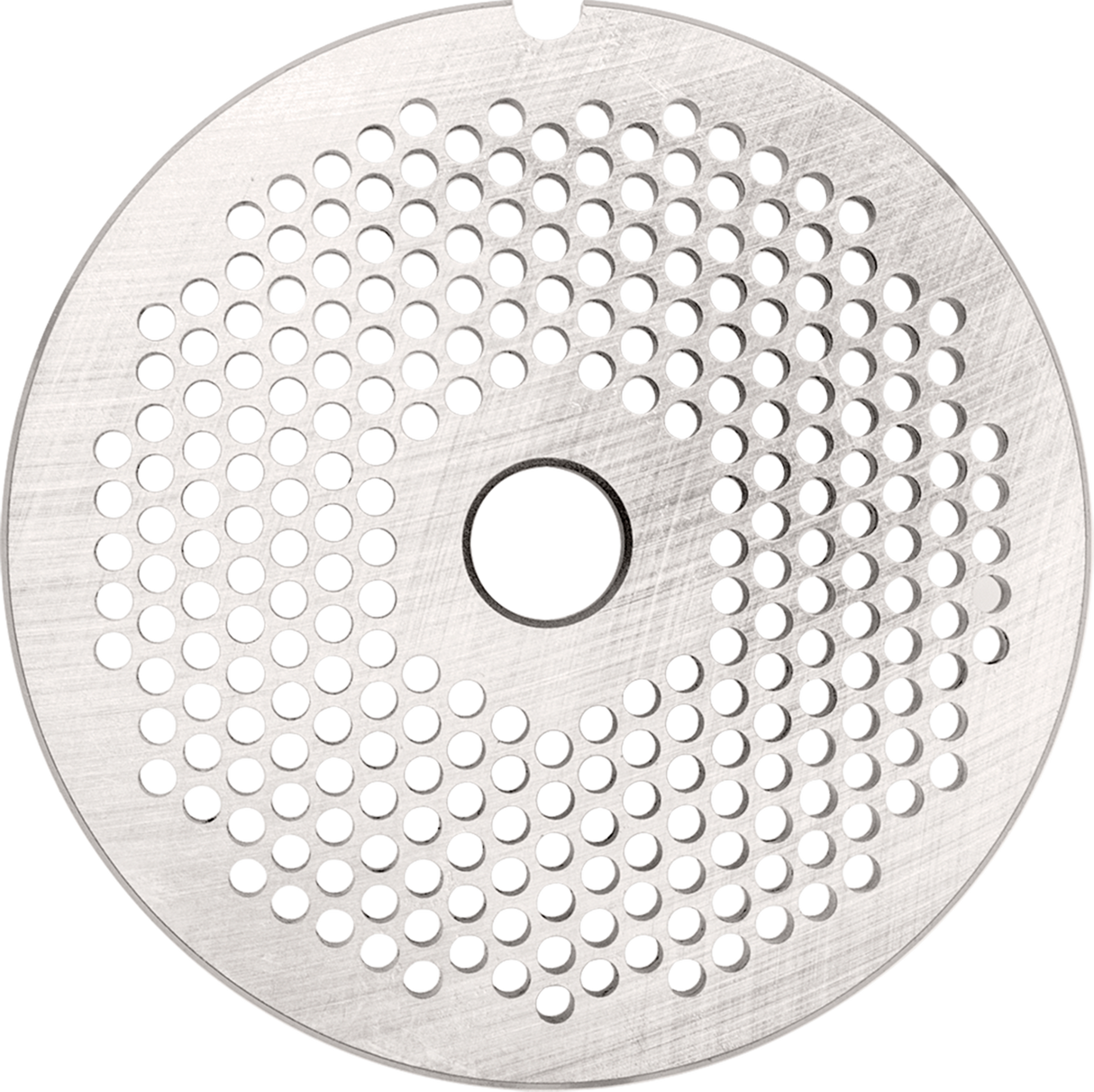A round, metallic Stay Sharp Plate with a brushed texture, featuring a central hexagonal hole and multiple concentric circles of small, evenly spaced holes. The disc has a small notch on its outer edge and appears to be a mechanical or industrial component.