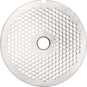 A round, metallic Stay Sharp Plate with a brushed texture, featuring a central hexagonal hole and multiple concentric circles of small, evenly spaced holes. The disc has a small notch on its outer edge and appears to be a mechanical or industrial component.