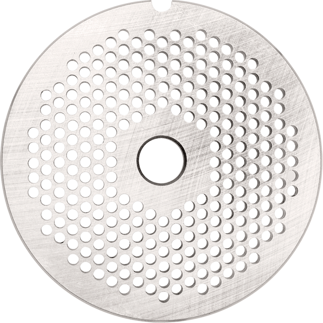 A round, metallic Stay Sharp Plate with a brushed texture, featuring a central hexagonal hole and multiple concentric circles of small, evenly spaced holes. The disc has a small notch on its outer edge and appears to be a mechanical or industrial component.