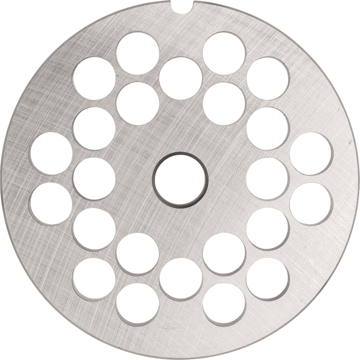 A round, silver metal disk with a brushed finish, this #22 meat grinder plate features a central hole and three concentric rings of evenly spaced circular holes. A small notch appears at the edge of the Stay Sharp Plate.