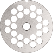 A round, silver metal disk with a brushed finish, this #22 meat grinder plate features a central hole and three concentric rings of evenly spaced circular holes. A small notch appears at the edge of the Stay Sharp Plate.