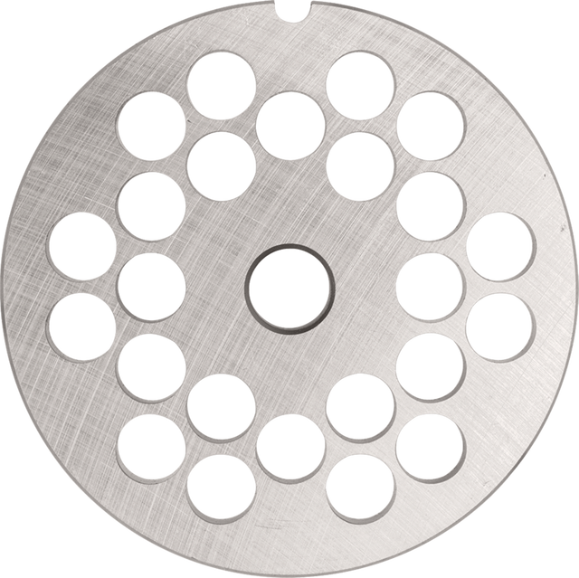 A round, silver metal disk with a brushed finish, this #22 meat grinder plate features a central hole and three concentric rings of evenly spaced circular holes. A small notch appears at the edge of the Stay Sharp Plate.