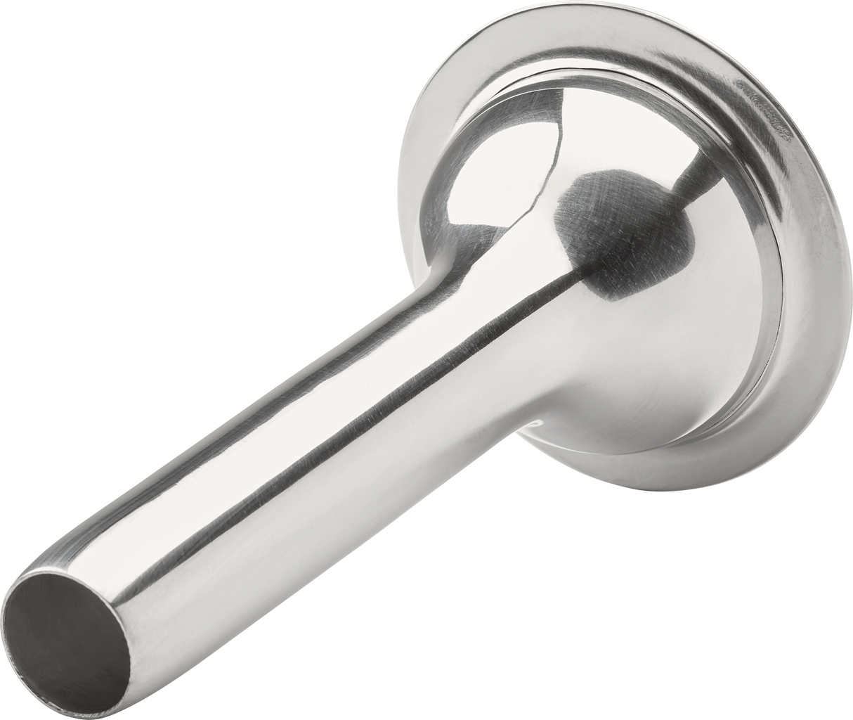 A shiny, stainless steel funnel designed for a Hobart #22 stuffer, featuring a wide, flat circular base and a long, narrow cylindrical spout angled to the left. The reflective surface is smooth and set against a plain white background.