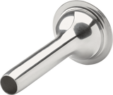 A shiny, stainless steel funnel designed for a Hobart #22 stuffer, featuring a wide, flat circular base and a long, narrow cylindrical spout angled to the left. The reflective surface is smooth and set against a plain white background.