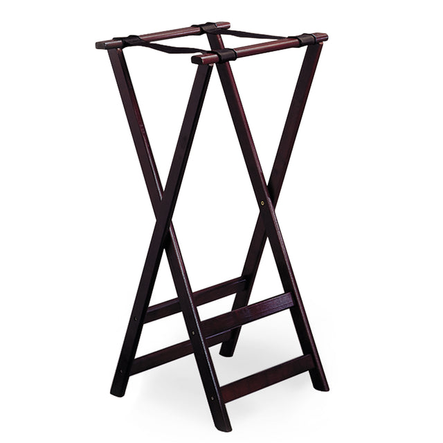 A dark brown wooden luggage rack with a mahogany finish and crossed legs forming an X shape. Two horizontal bars at the bottom connect the legs, while four black straps across the top provide support. Rubber slip-proof feet keep the rack steady as it stands open and empty.