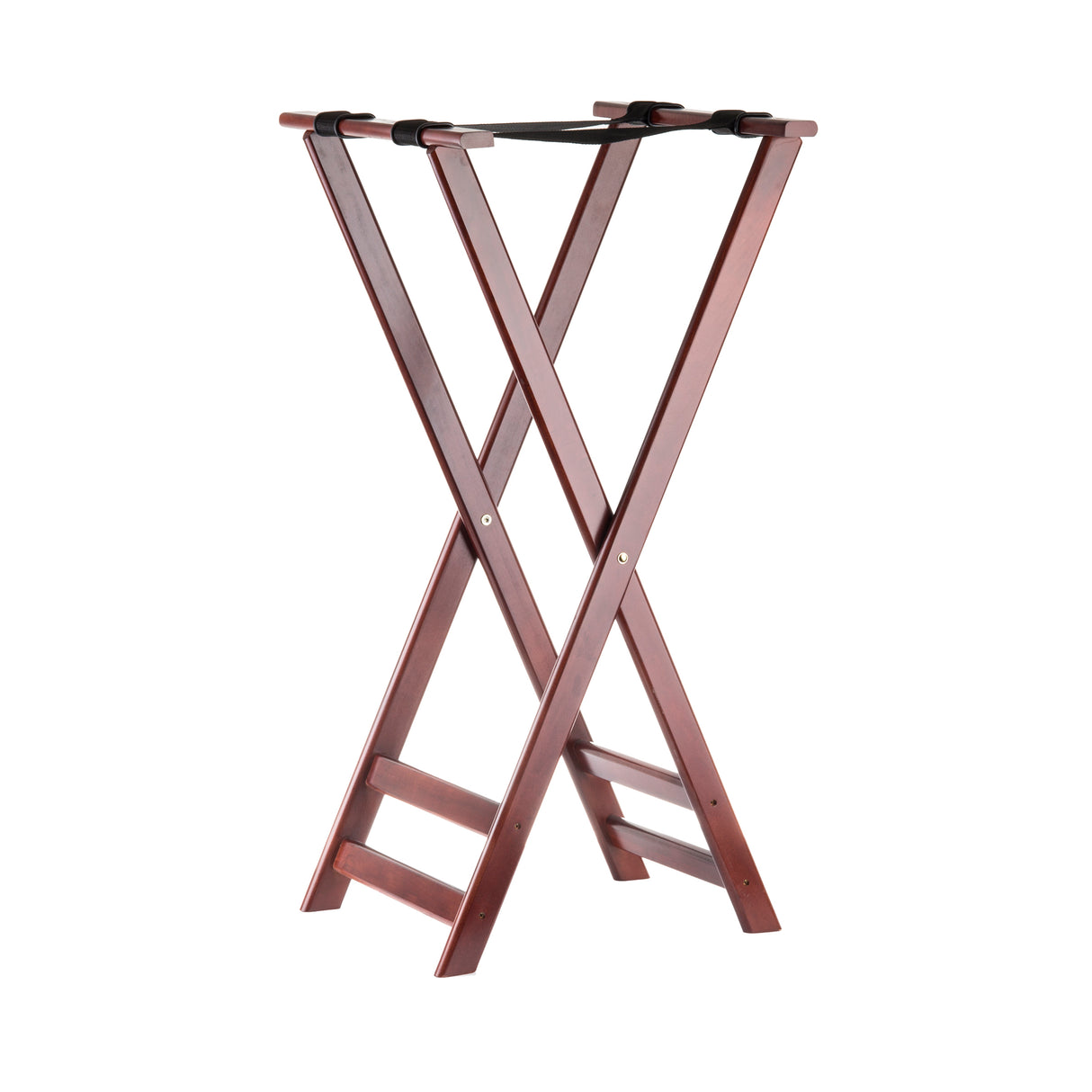 A wooden folding luggage rack with an X-frame design, rich mahogany finish, and two black straps across the top to support suitcases. The rack, resembling a tray stand, stands open on a white background.
