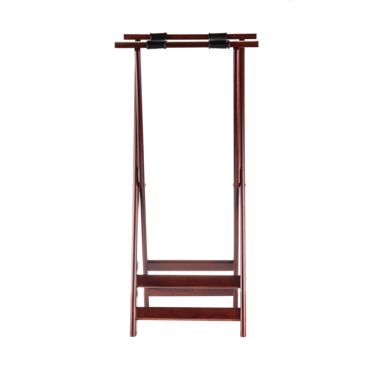 A wooden katanakake sword stand with a rich mahogany finish, designed to hold two swords. It features two parallel horizontal bars supported by four vertical legs, connected with crossbars, all against a plain white background.