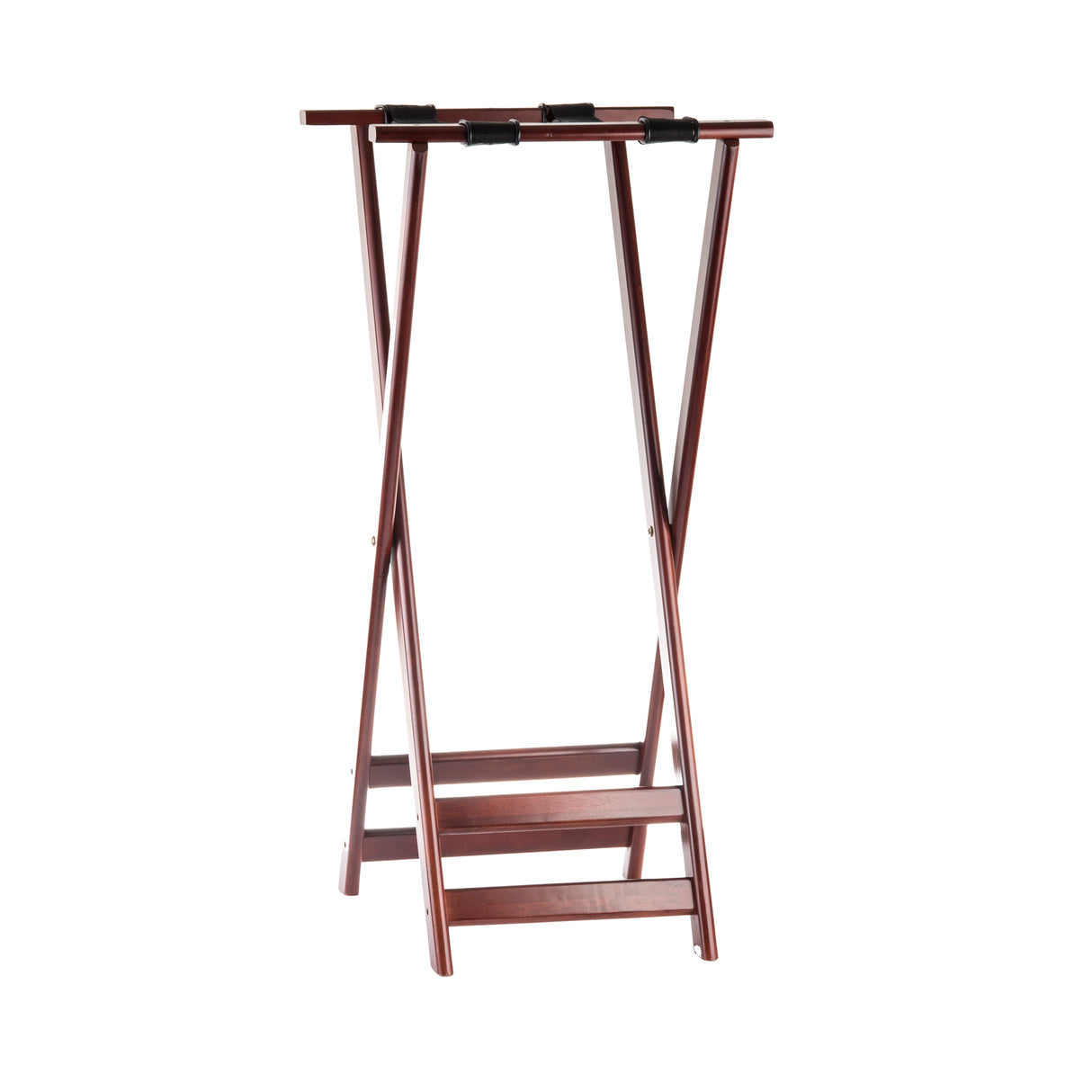A wooden luggage rack with a mahogany finish features two horizontal black straps on top for support. The X-shaped folding frame and two lower support bars add stability, making it a stylish and functional tray stand against a white background.