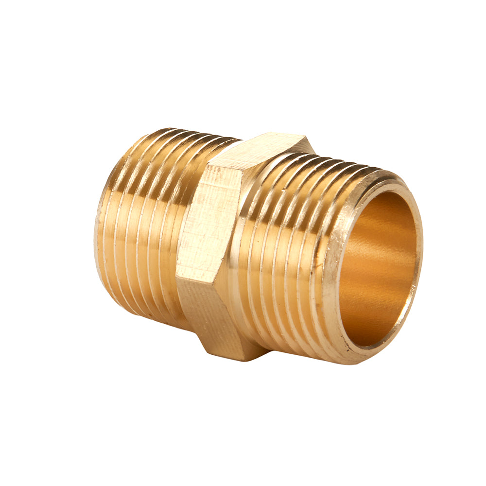 A brass 3/4 inch male to male nipple fitting with external threads on both ends and a hexagonal nut section in the center, designed for connecting two pipes. The metallic, gold-colored fitting is set against a plain white background.