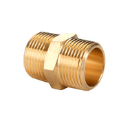 A brass 3/4 inch male to male nipple fitting with external threads on both ends and a hexagonal nut section in the center, designed for connecting two pipes. The metallic, gold-colored fitting is set against a plain white background.