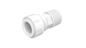 A white plastic Speedfit Male Connector featuring a threaded NPT male end on the right and a smooth, slightly flared plumbing connector with ridges on the left, designed for piping applications, shown on a plain light background.
