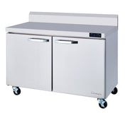 A commercial Work Top Freezer with stainless steel construction features two-section freezer doors, a flat countertop with a raised back edge, four caster wheels, a digital display above the right door, and a manufacturer's logo in the bottom right corner.