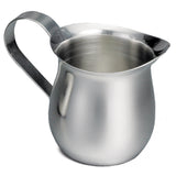 A 3 oz stainless steel bell creamer with a wide spout, rounded body, and curved handle. The shiny, reflective surface stands out against the plain white background, highlighting its simple, functional design.