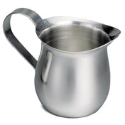 A 3 oz stainless steel bell creamer with a wide spout, rounded body, and curved handle. The shiny, reflective surface stands out against the plain white background, highlighting its simple, functional design.