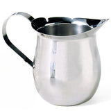A shiny 5 oz stainless steel bell creamer with a curved spout, wide base, and smooth handle; its reflective surface shows highlights and shadows for a polished, modern look. The jug appears empty and sits against a plain white background.