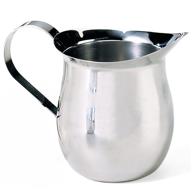 A shiny 5 oz stainless steel bell creamer with a curved spout, wide base, and smooth handle; its reflective surface shows highlights and shadows for a polished, modern look. The jug appears empty and sits against a plain white background.