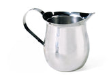 A shiny stainless steel Bell Creamer pitcher with a curved handle and wide spout sits on a white background. The pitcher has a rounded body, a reflective surface, and is dishwasher safe, with no visible markings or decorations.