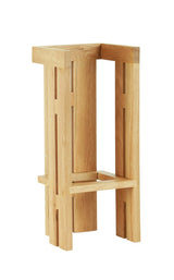 A minimalist oak wooden stool with a geometric design, featuring clean lines, a rectangular seat, and four legs connected by horizontal and vertical supports. The natural wood grain adds modern style and sturdy appeal.