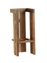 A modern walnut wooden stool with a geometric, angular design made of dark brown wood. The legs and seat feature clean lines, and the open frame with vertical and horizontal slats evokes a Sydney Beverage Display aesthetic. Background is plain white.