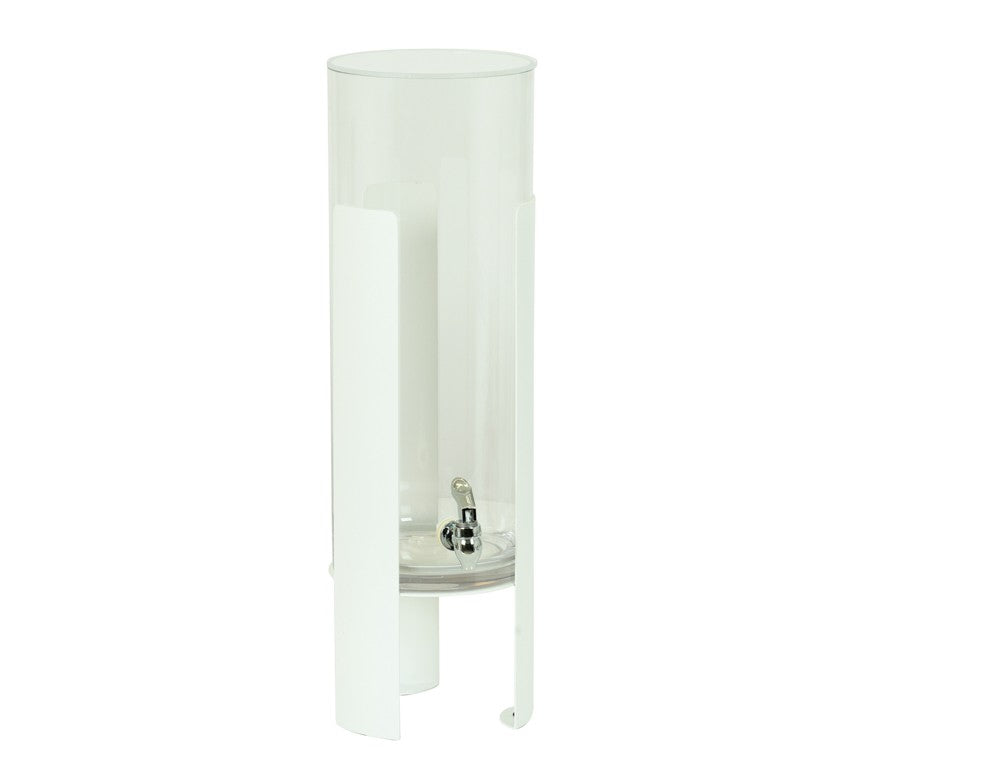 A tall, clear cylindrical beverage dispenser with a removable spigot near the base, supported by three vertical white legs that partially enclose the container, shown against a plain white background.