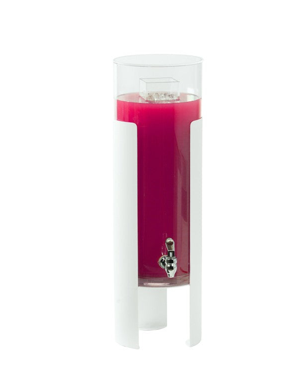 A tall, clear cylindrical beverage dispenser with a white vertical stand is filled with bright pink liquid. It features a silver removable spigot near the base and an ice chamber at the top. The background is plain white.