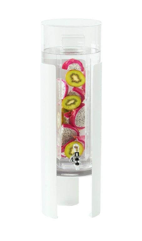 A clear Juno Beverage Dispenser with a white metal construction features an infusion chamber filled with sliced dragon fruit and kiwi. The dispenser includes a silver spigot at the bottom for easy pouring of infused water.