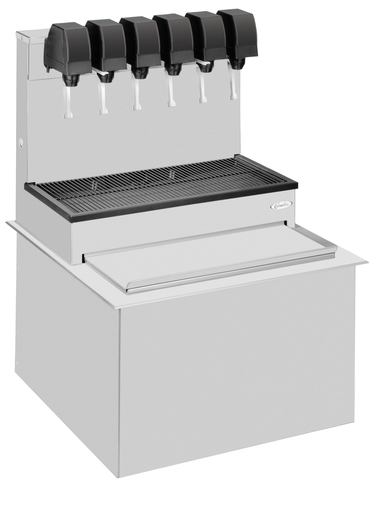 A high performance stainless steel soda beverage dispenser with five black drink dispensers, a drip tray below the nozzles, and an ice cooled built-in bin on the lower section. The machine is set against a plain white background.