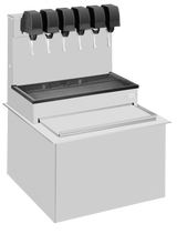 A high performance stainless steel soda beverage dispenser with five black drink dispensers, a drip tray below the nozzles, and an ice cooled built-in bin on the lower section. The machine is set against a plain white background.