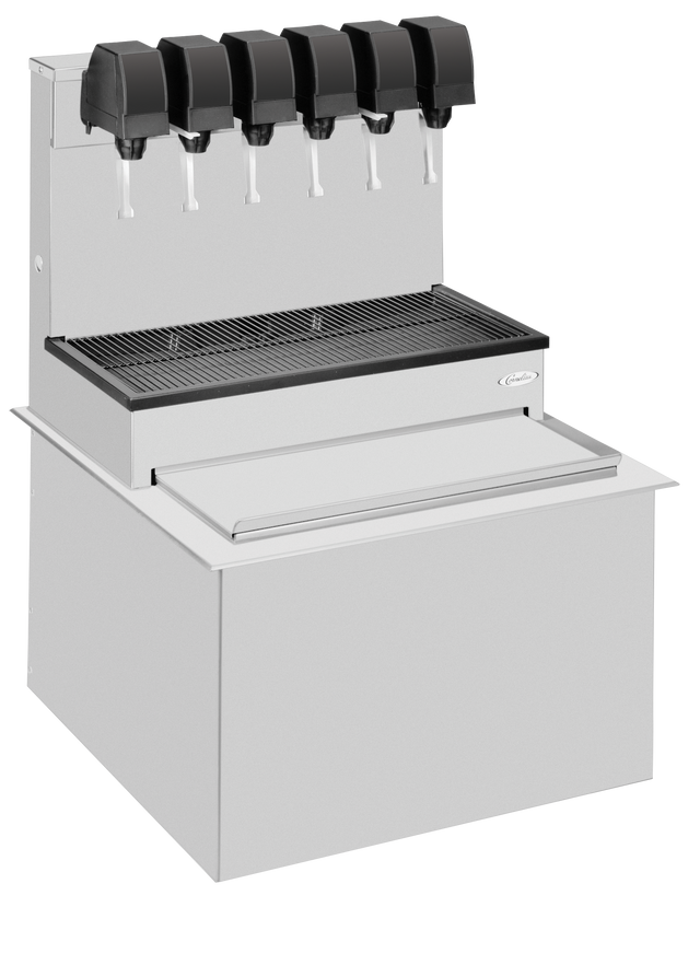 A high performance stainless steel soda beverage dispenser with five black drink dispensers, a drip tray below the nozzles, and an ice cooled built-in bin on the lower section. The machine is set against a plain white background.