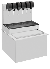 A high performance stainless steel soda beverage dispenser features five black levers, an ice cooled bin in front, and a grated drip tray below. The plain unit has no visible branding or labels and is set against a white background.