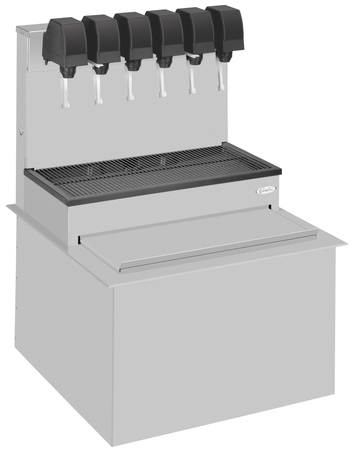 A Cornelius CB2323 post-mix soda beverage dispenser with six black fountain heads, a metal drip tray, and a built-in ice bin in a sleek stainless steel unit, perfect for self-service stations.