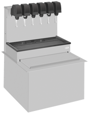 A Cornelius CB2323 post-mix soda beverage dispenser with six black fountain heads, a metal drip tray, and a built-in ice bin in a sleek stainless steel unit, perfect for self-service stations.