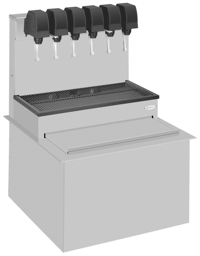 A Cornelius CB2323 post-mix soda beverage dispenser with six black fountain heads, a metal drip tray, and a built-in ice bin in a sleek stainless steel unit, perfect for self-service stations.