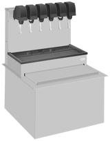 A modern silver soda beverage dispenser with six black lever valves above a grated tray for catching spills; features a lower compartment for storage or ice cooled beverages, combining functionality with sleek design.