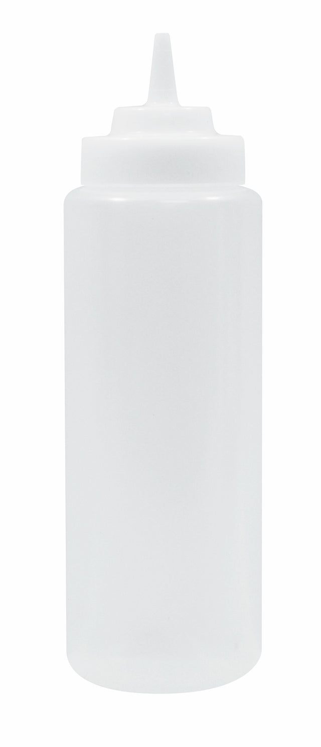 A translucent, empty 32 oz WideMouth Squeeze Bottle with a pointed nozzle and screw-on cap, designed for dispensing sauces or condiments. This dishwasher safe bottle stands upright against a plain white background.