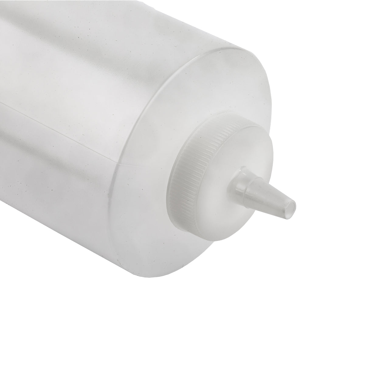 A close-up view of a clear, 32 oz squeeze bottle lying on its side. The bottle features a ribbed screw-on cap with a narrow, pointed nozzle for dispensing liquids or sauces. It is empty, dishwasher safe, and set against a plain white background.