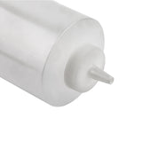 A close-up view of a clear, 32 oz squeeze bottle lying on its side. The bottle features a ribbed screw-on cap with a narrow, pointed nozzle for dispensing liquids or sauces. It is empty, dishwasher safe, and set against a plain white background.
