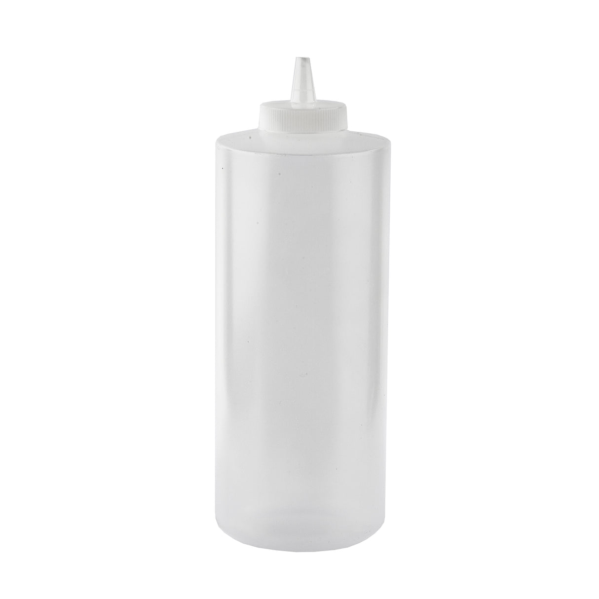A clear, empty 32 oz Squeeze Bottle with a white screw-on cap and narrow pointed nozzle for dispensing liquids. Cylindrical in shape, it stands upright against a plain white background and is dishwasher safe for easy cleaning.