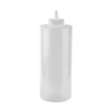A clear, empty 32 oz Squeeze Bottle with a white screw-on cap and narrow pointed nozzle for dispensing liquids. Cylindrical in shape, it stands upright against a plain white background and is dishwasher safe for easy cleaning.