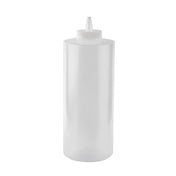 A clear, empty 32 oz Squeeze Bottle with a white screw-on cap and narrow pointed nozzle for dispensing liquids. Cylindrical in shape, it stands upright against a plain white background and is dishwasher safe for easy cleaning.