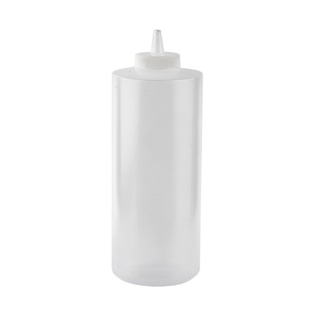 A clear, empty 32 oz Squeeze Bottle with a white screw-on cap and narrow pointed nozzle for dispensing liquids. Cylindrical in shape, it stands upright against a plain white background and is dishwasher safe for easy cleaning.
