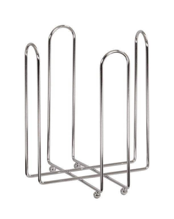 A chrome bowl holder with four vertical looped bars and a crisscrossed base, this minimalist rack accommodates bowls 6 upright. It stands on four small round feet, featuring an open structure against a white background.