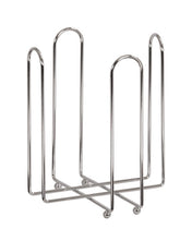 A chrome bowl holder with four vertical looped bars and a crisscrossed base, this minimalist rack accommodates bowls 6 upright. It stands on four small round feet, featuring an open structure against a white background.