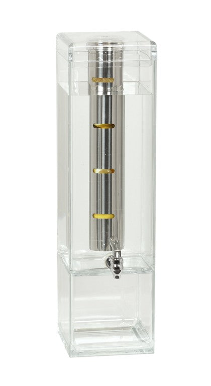 A clear polycarbonate rectangular container filled with liquid, featuring a vertical metal cylinder with four yellow bands and a spout at the bottom. The transparent infusion chamber reveals the inner tube and its evenly spaced markings.