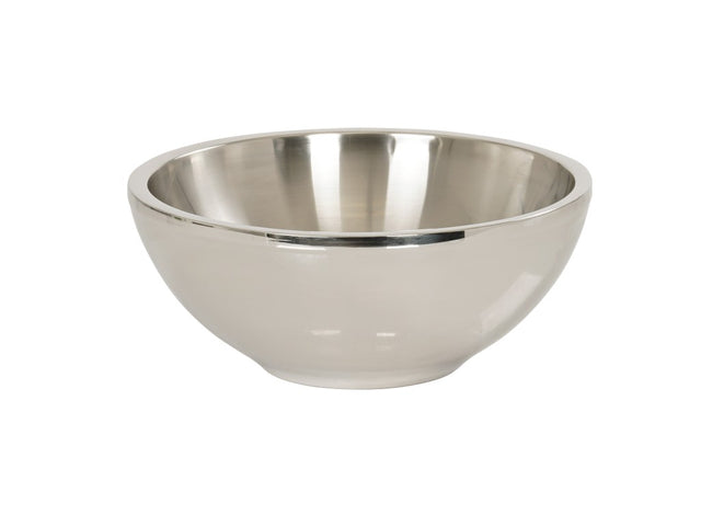 A shiny, empty 12 inch stainless steel mixing bowl with a smooth, reflective surface, wide rim, and rounded sides sits on a plain white background. Ideal as a cold bowl for prepping ingredients.